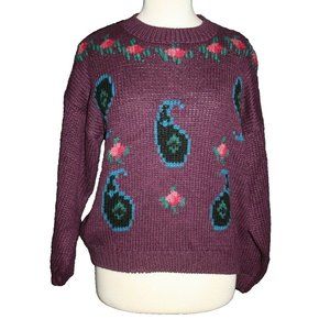 Vintage 80s HDI Designers Originals Ski Sweater Purple Paisley Women's Large